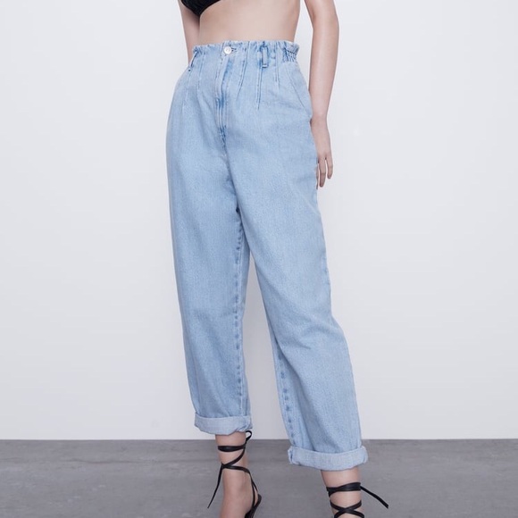 Zara Denim - ZARA Cotton Paperbag Jeans Light Wash Baggy